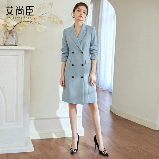 艾尚臣经典高级蓝色双排扣西装连衣裙女职业气质收腰中长款正装裙 商品图1