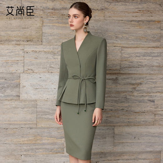 艾尚臣通勤上镜西服套装女春季气质复古松绿色西装正装职业半身裙 商品图2