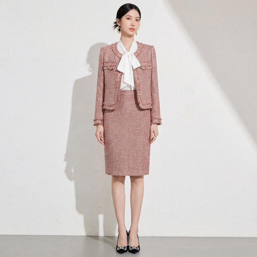 艾尚臣千金风小香风套装女粗花呢秋冬新款名媛短外套半裙玫瑰粉 商品图2
