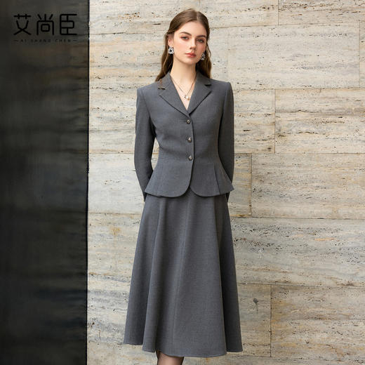 艾尚臣格雷系洋气时尚套装裙老钱风翻领毛呢职业套装女修身短款冬 商品图3
