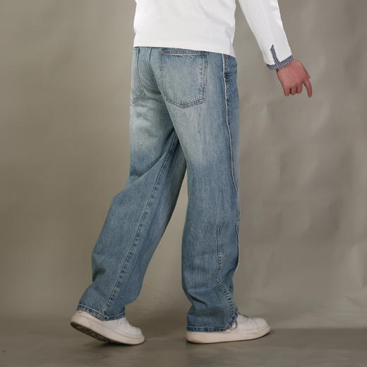 DRONKOO 2026 内抽绳半松紧腰前破骨毛边膝捏褶中厚牛仔长裤 商品图3