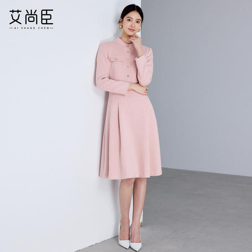 艾尚臣小香风长袖连衣裙女高级感圆领毛呢赫本风优雅千金粉色裙子 商品图4
