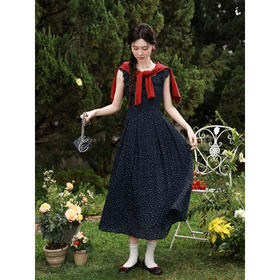 鹿向南「波影拾红」藏蓝色长款连衣裙女春新款波点时尚百搭裙子女