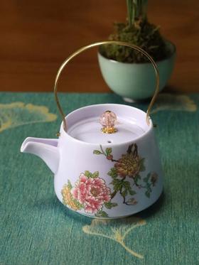 紫韵流芳·羊脂玉提梁壶套组 | 刘铭志大师监制，细腻的羊脂玉瓷，玉兰花牡丹花花绘