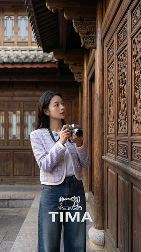 圆领单排三粒扣拼色小香外套