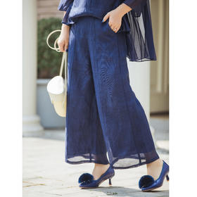 【林栖设计小店】山林抚风|藏青色丝麻绣花宽松百搭2026春新款阔腿裤子1961098