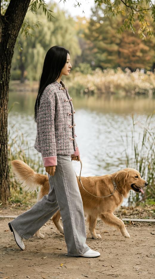 中式撞色拼接袖前短后长立领外套 商品图1