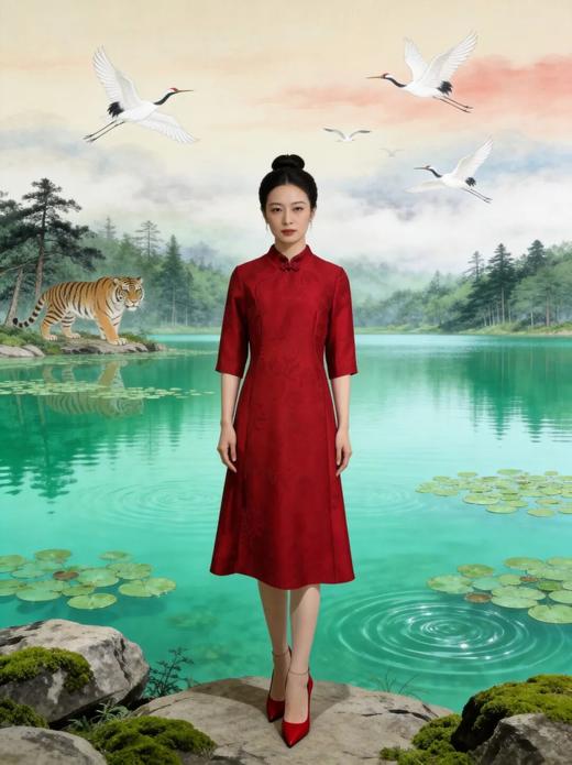 SC1S01_胭脂色_连衣裙_春秋_立领中袖收腰显瘦改良旗袍长款_高级女装_BERNIEELEN 伯妮斯茵 商品图0