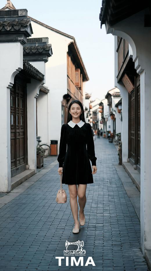 PD同款撞色领胸前褶皱迷你连衣裙 商品图0