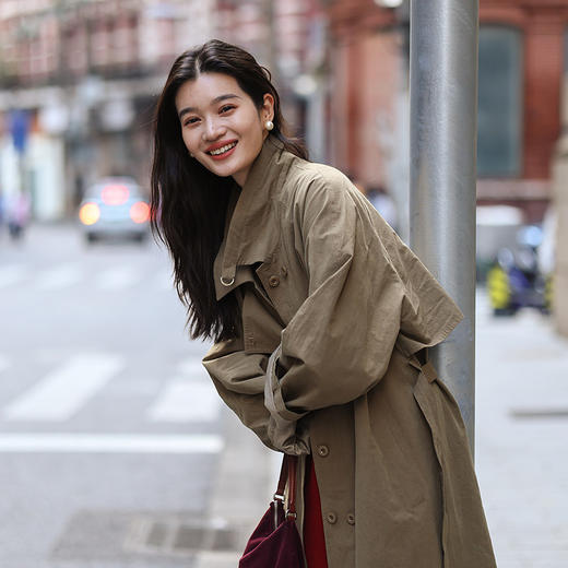 绽放518朵/亚麻棉气质显瘦立领中长款风衣外套女经典廓形通勤大衣 商品图1