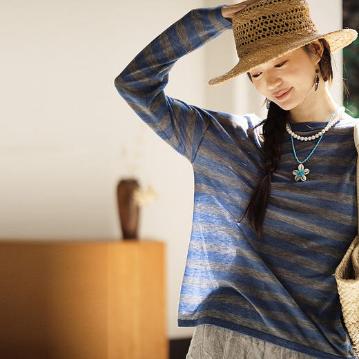 绽放165朵/绵羊毛宽松撞色条纹圆领落肩套头针织衫女外穿长袖T恤 商品图0