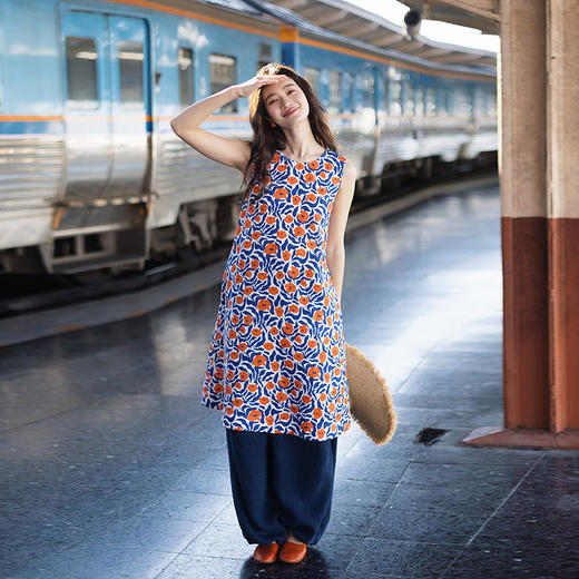 绽放104朵/亚麻底布数码印花圆领无袖中长款连衣裙女叠穿百搭长裙 商品图0