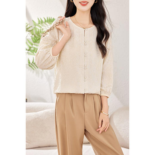 KQ-圆领法式七分袖衬衫女2026年新款韩版设计感桑蚕丝娃娃衫通勤衬衣 商品图2