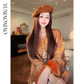 余潇潇【金陵贵女】亚麻混纺新中式国风拼桑蚕丝混纺丝绒印花外套