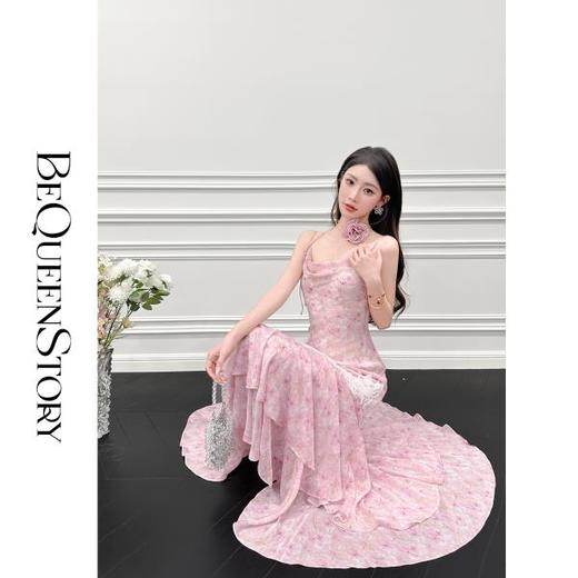 【孤品样衣，不退不换】【胭脂花落】轻奢原创手绘晕染印花荡领收腰吊带连衣裙 商品图4