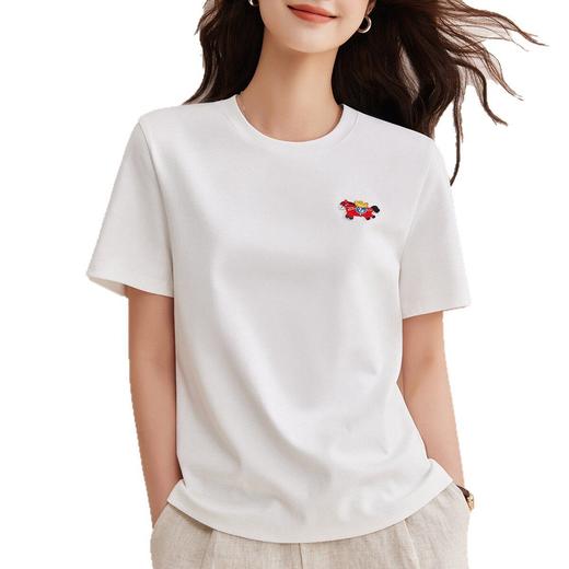 「自j」全新升级【铂金会员109/天猫149/差价40】(03955)洛诗琳小马刺绣纯棉短袖2026春季新款百搭正肩通勤T恤女 商品图4