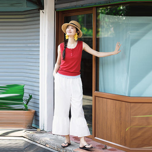 绽放152朵/马蹄裤·亚麻棉全腰松紧脚口花边打底裤女新款休闲裤 商品图1