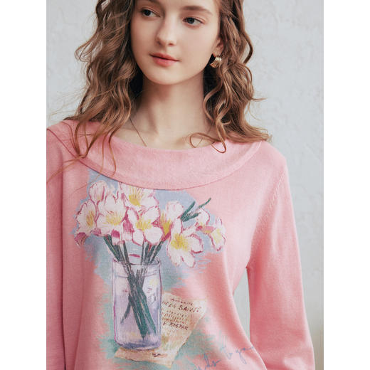 两三事梵高文艺暮春桃汛2026春季新款甜美印花不规则下摆针织衫女 商品图3