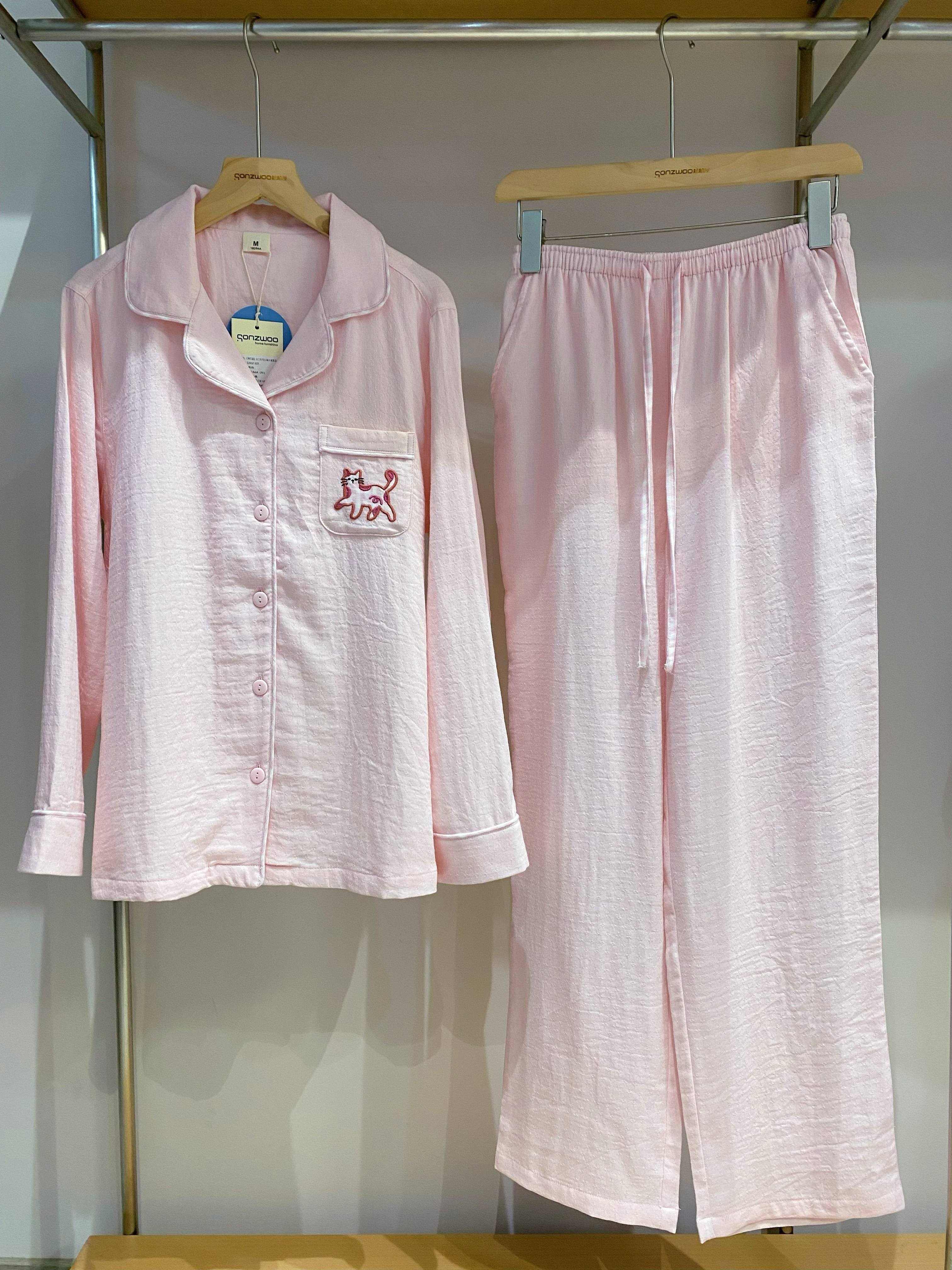 松植屋《格纹猫》女士全棉双层纱布长袖长裤睡衣套装