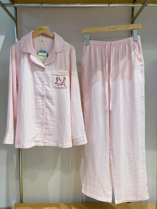 松植屋《格纹猫》女士全棉双层纱布长袖长裤睡衣套装 商品图0