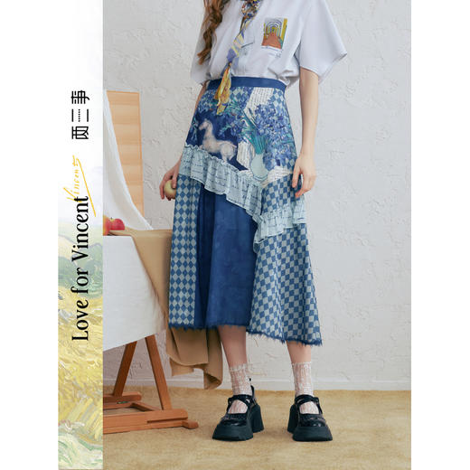 两三事梵高文艺 潮汐心绪 2025春季新款荷叶边拼接印花格子半身裙 商品图0