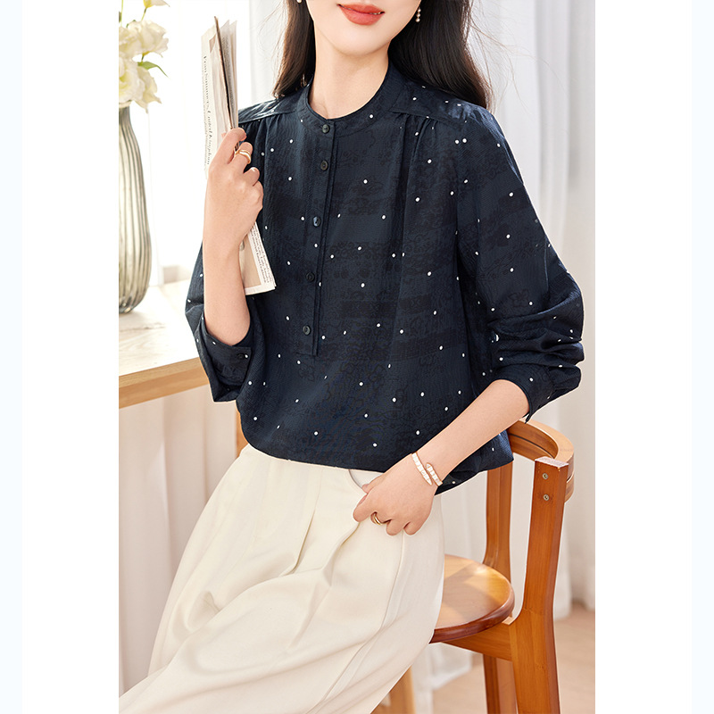 KQ-2026年春季桑蚕丝新款小复古气质立领波点设计感上衣长袖宽松衬衫