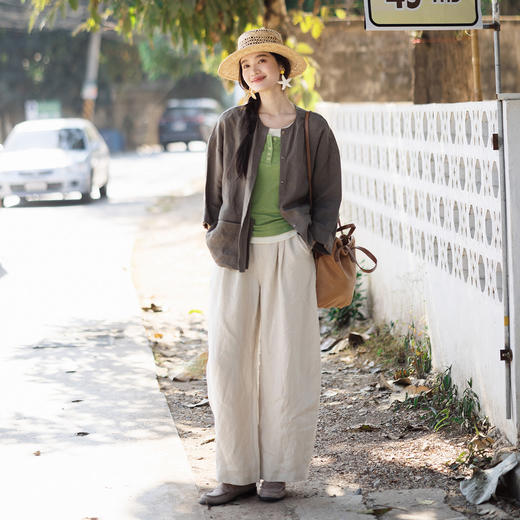 特绽放143朵/踏青裤·汉麻面料前腰捏褶休闲裤女宽松显瘦阔腿长裤 商品图1