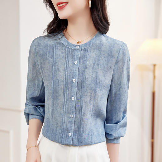 KQ-春装2026年新款时尚减龄桑蚕丝显瘦休闲女士衬衣圆领百搭气质衬衫 商品图0