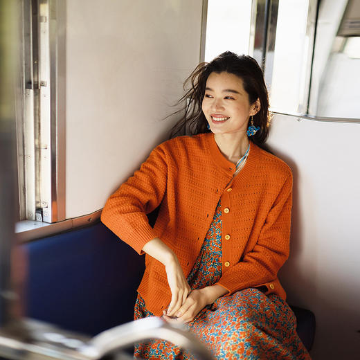 绽放163朵/春日暖橙*亮橙色纯羊毛镂空毛织开衫女春新款针织外套 商品图0