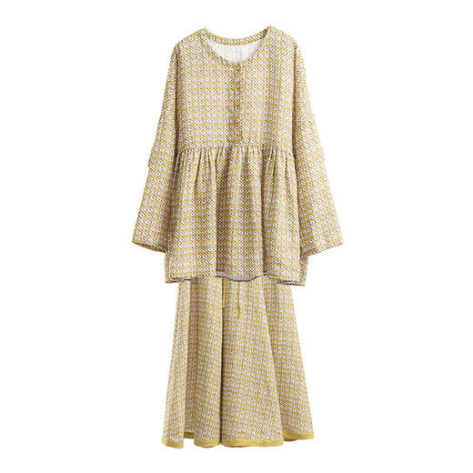 绽放131-127朵/亚麻印花圆领半开襟长袖衬衫女新款大摆拼色半身裙 商品图4