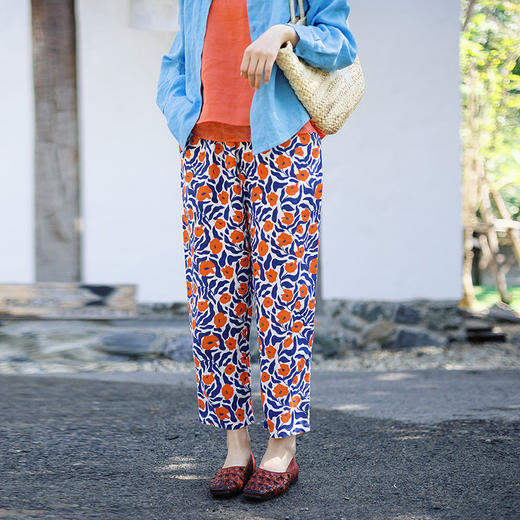 绽放103朵/亚麻底布数码印花全腰松紧显瘦九分裤设计感休闲裤女 商品图0