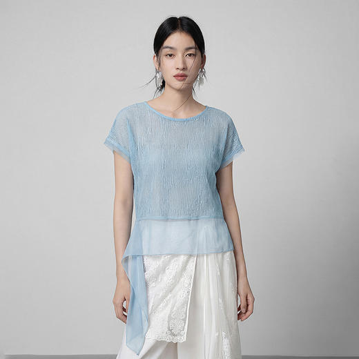 【林栖设计小店】流水潺潺|浅兰色镂空肌理飞片拼接2026夏新款毛织上衣1962173 商品图8