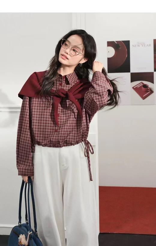 F022725春季新款红色格子外套长袖衬衫穿搭小个子上衣 商品图9