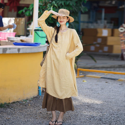 特绽放116朵/三姐妹·干洗亚麻半开襟系扣落肩长袖连衣裙文艺长裙 商品图2