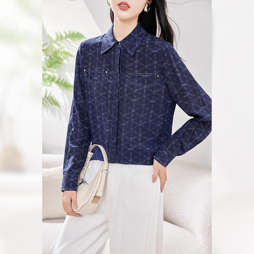 KQ-时尚真丝宽松休闲上衣蓝色格纹2026春季新款桑蚕丝牛仔休闲衬衫女 商品图2