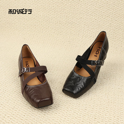 和诚行2026春季新款复古方头玛丽珍鞋女真皮通勤百搭中跟单鞋0400270 商品图3