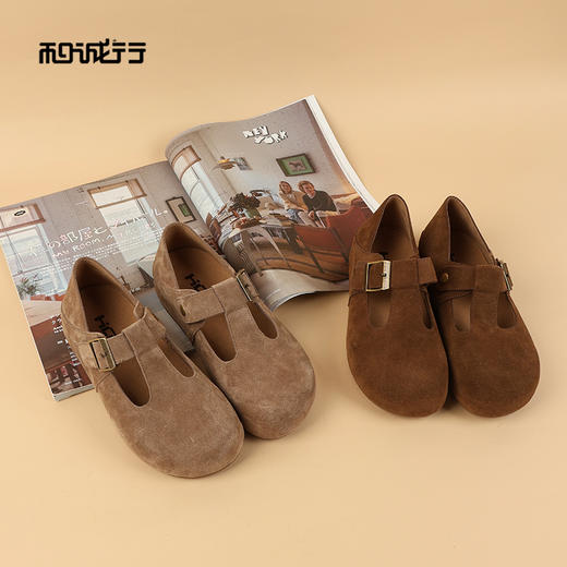 和诚行2026春季新款时尚百搭女式平底复古真皮勃肯单鞋1930127 商品图0