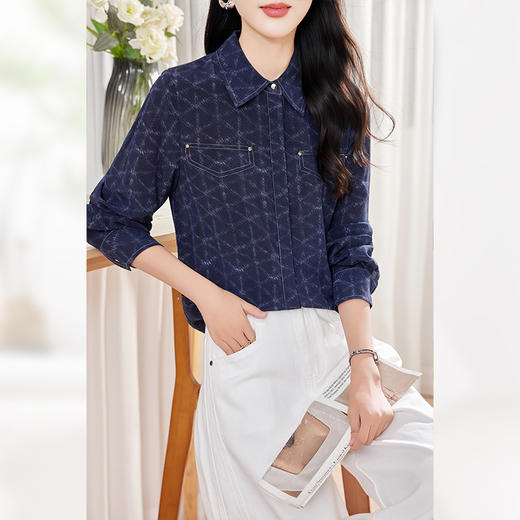 KQ-时尚真丝宽松休闲上衣蓝色格纹2026春季新款桑蚕丝牛仔休闲衬衫女 商品图1