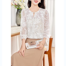 KQ-2026年春季新款白色圆领提花小衫薄款桑蚕丝七分袖上衣女法式衬衫