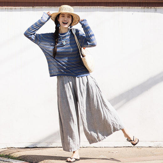 绽放165朵/绵羊毛宽松撞色条纹圆领落肩套头针织衫女外穿长袖T恤 商品图3