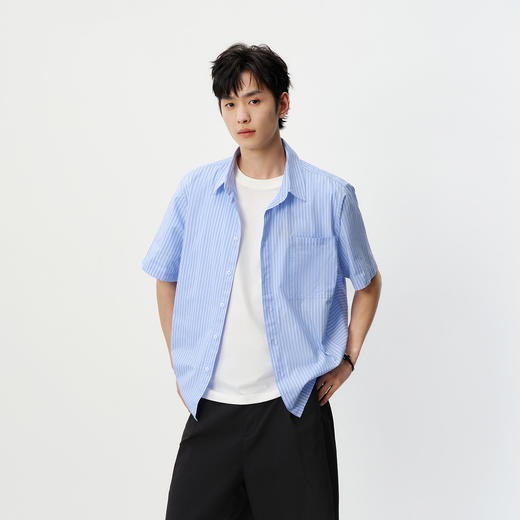 森马短袖衬衫男夏季时尚百搭条纹衬衣2026新款纯棉宽松翻领上衣 商品图2