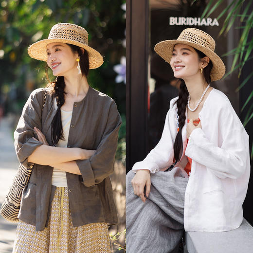 特绽放156朵/闲适小衫·汉麻圆领开襟落肩长袖衬衫女百搭春季新款 商品图0