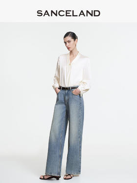 三石一澜SANCELAND桑蚕丝素绉缎V领衬衣SK11101025