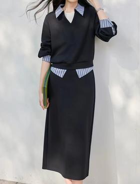 F022724套头翻领上衣直筒高腰半身裙两件套卫衣套装