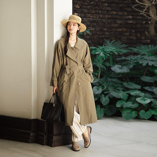 绽放518朵/亚麻棉气质显瘦立领中长款风衣外套女经典廓形通勤大衣 商品图0