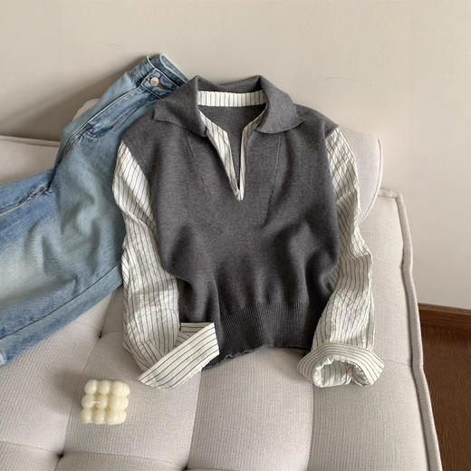 春季新品假两件拼接袖V领针织背心衬衫 洋气翻领针织上衣 商品图0