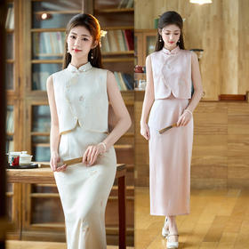 仿醋酸绣花改良新中式长款港风无袖旗袍2026春夏新款垂感马甲套装211158