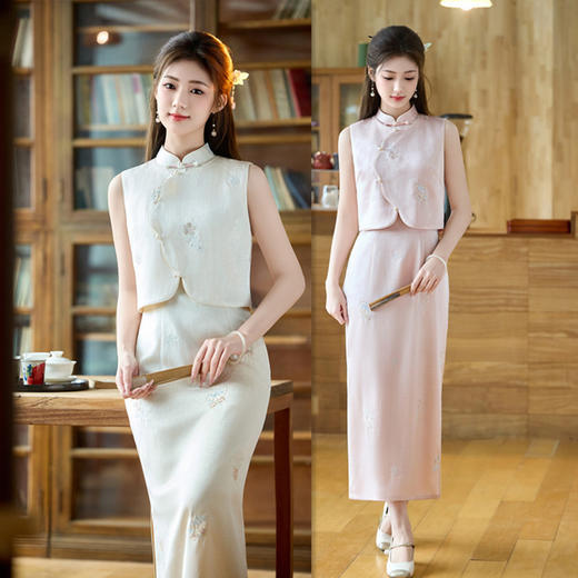 仿醋酸绣花改良新中式长款港风无袖旗袍2026春夏新款垂感马甲套装211158 商品图0
