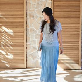 【林栖设计小店】流水潺潺|浅兰色镂空肌理飞片拼接2026夏新款毛织上衣1962173