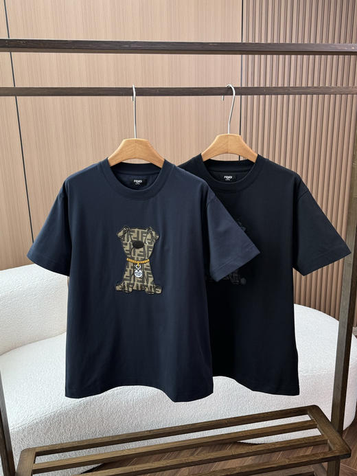 分迪 2026新款短袖棕色FF提花小狗棉质圆领休闲T恤 商品图0